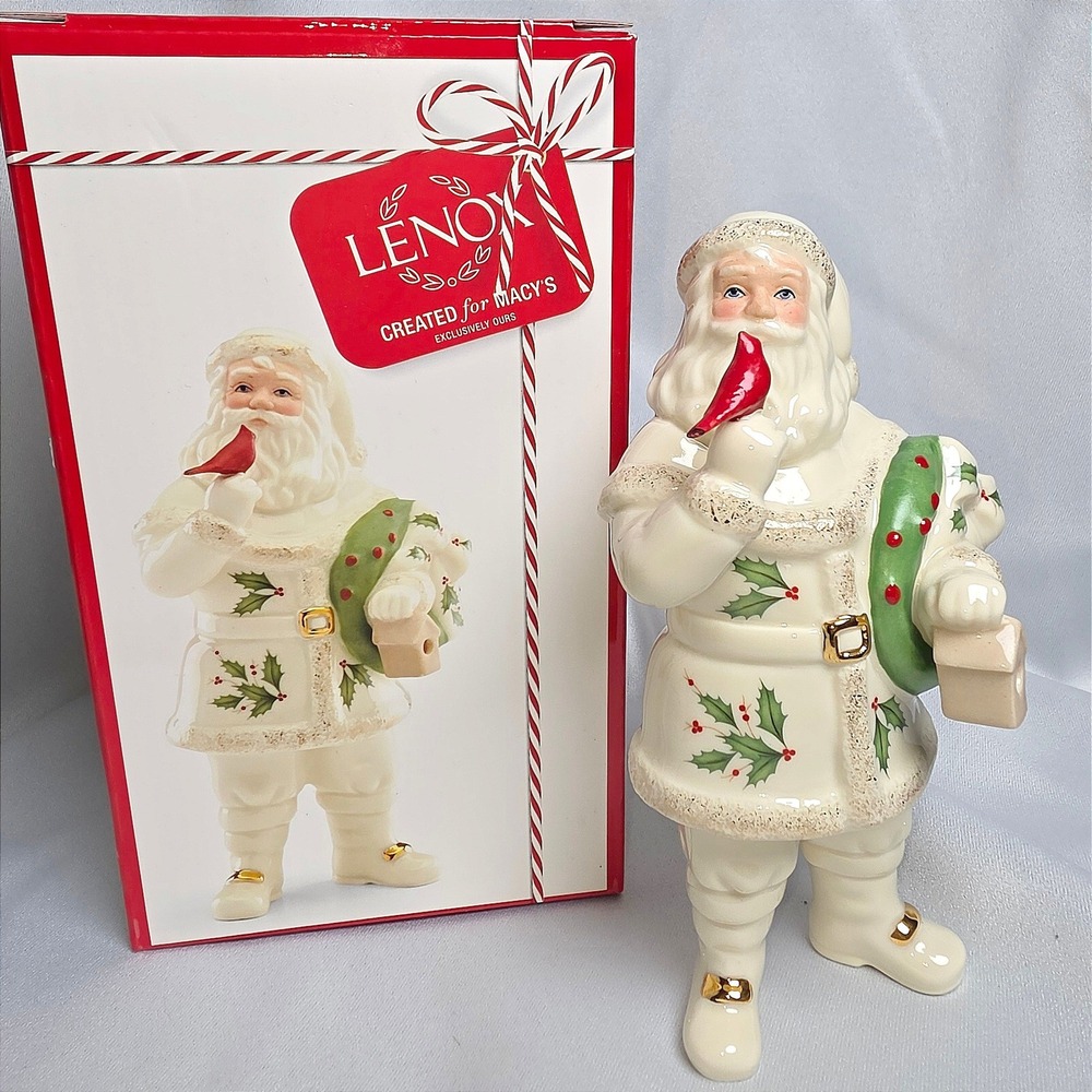 Lenox Holiday Santa with Cardinal Figurine 2019 Macys Exclusive Ivory Gold 7.5"